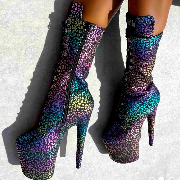 Worn 2x Rainbow Chrome Leopard Print Black Glitter 8in Pole Dance Boots Heels - Picture 1 of 9